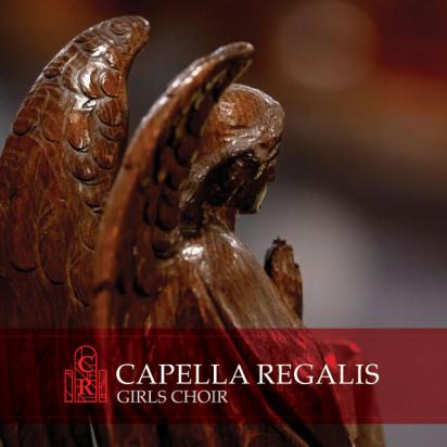 Carved wooden angel and Capella Regalis Girls Choir logo